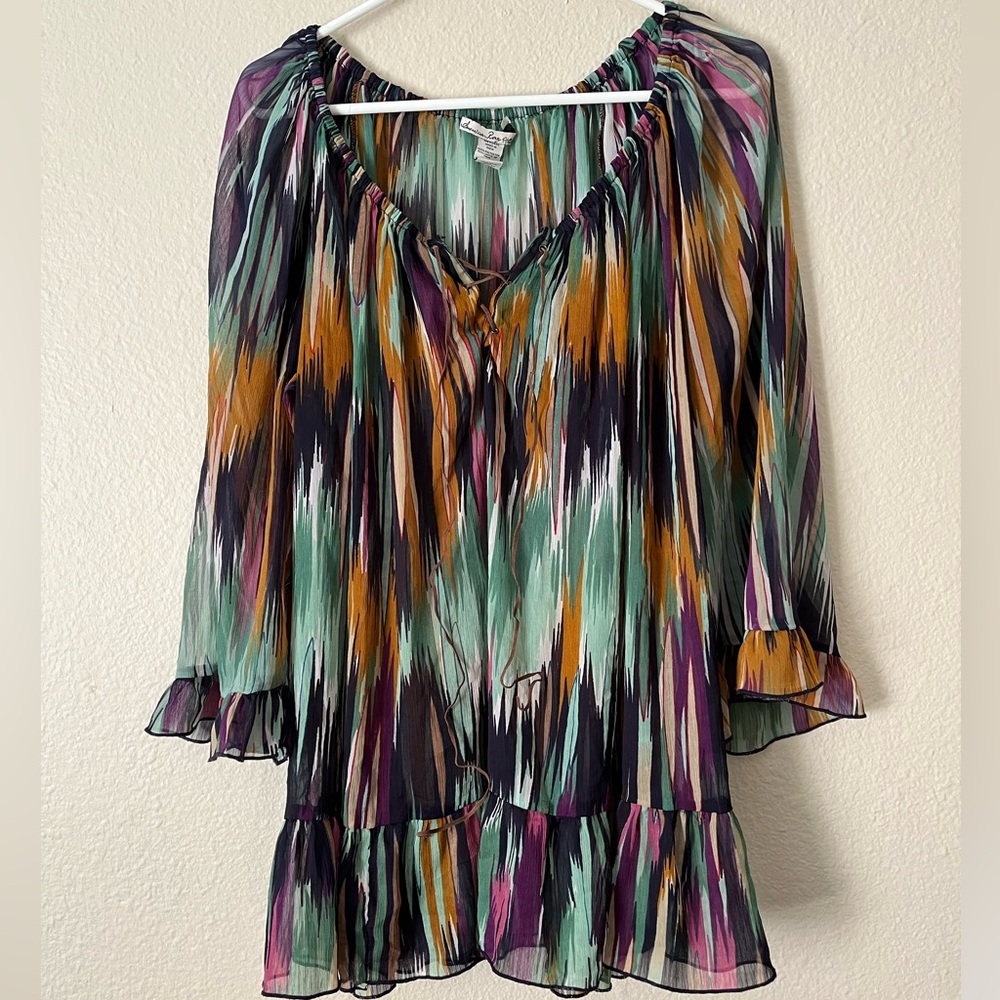 American Rag Sheer Watercolor Blouse Leather Ties Women’s 2X Flowy 3/4 Sleeve